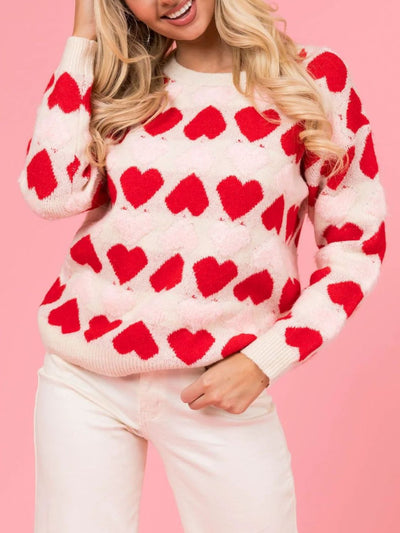 Explore More Collection - Valentine’s Day Fuzzy Heart Round Neck Long Sleeve Sweater