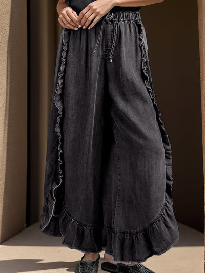 Explore More Collection - Drawstring Ruffled Wide Leg Jeans