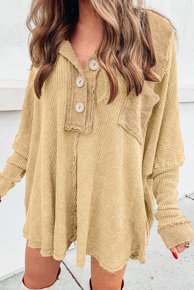 Explore More Collection - Waffle Knit Buttoned Long Sleeve Top with Breast Pocket