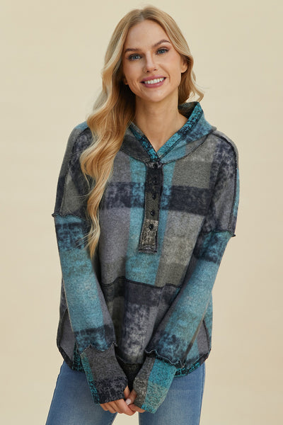 Explore More Collection - Double Take Full Size Plaid Dropped Shoulder Hoodie