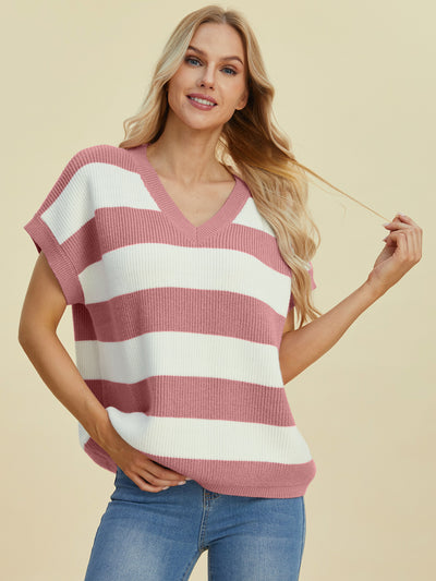 Explore More Collection - Double Take Full Size Striped V-Neck Short Sleeve Sweater