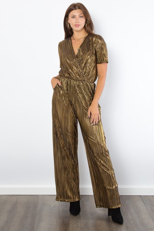 Explore More Collection - Be Stage Surplice Short Sleeve Pleated Foil Jumpsuit