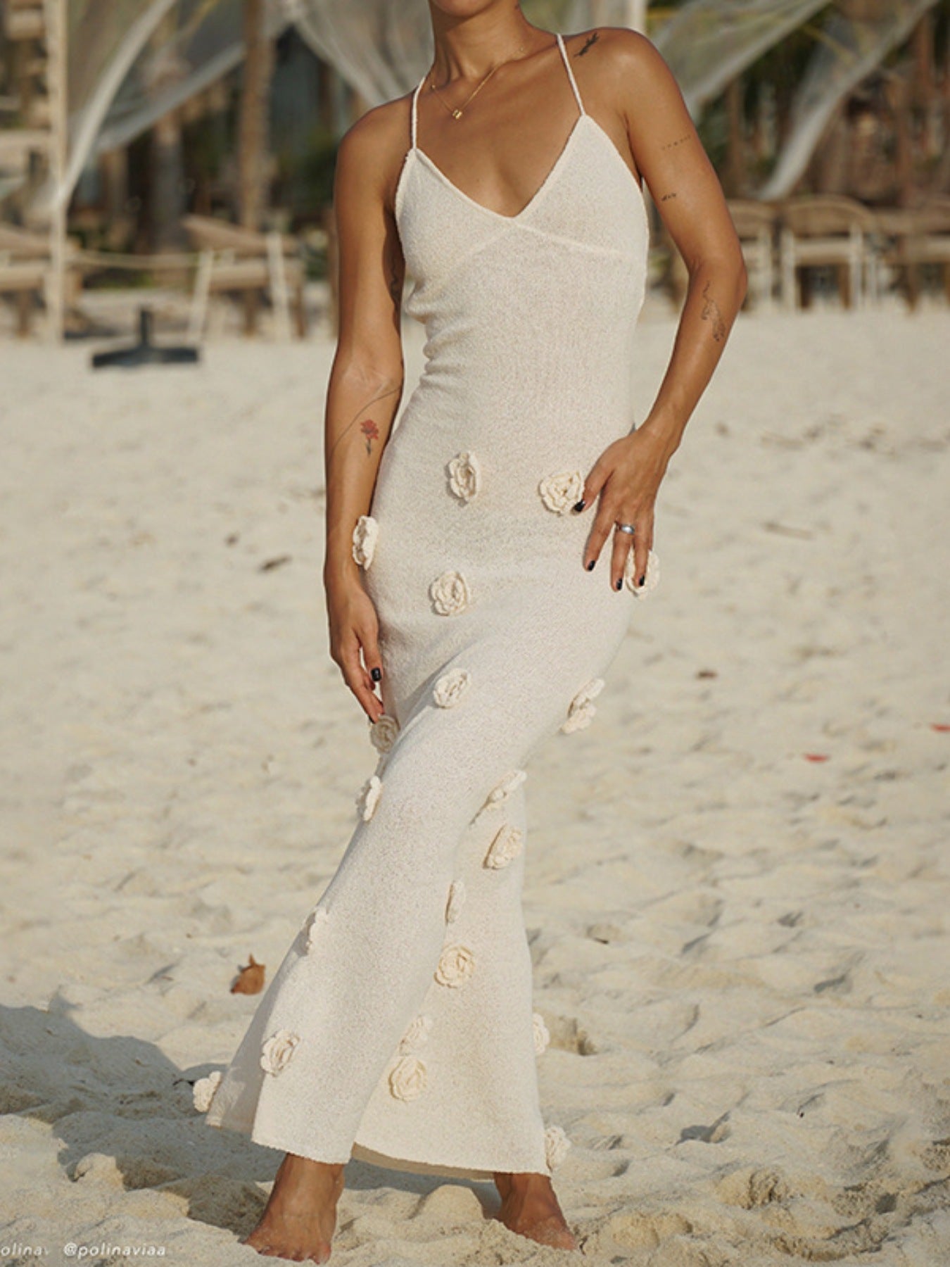 Floral Applique Spaghetti Strap Knit Dress