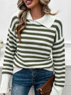 Explore More Collection - Striped Collared Neck Long Sleeve Sweater