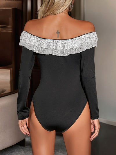 Explore More Collection - Perfee Sequin Ruffled Off-Shoulder Long Sleeve Bodysuit