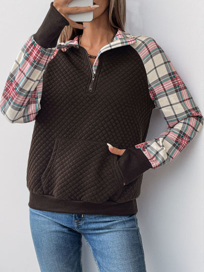 Explore More Collection - Plaid Half Zip Long Sleeve Sweatshirt