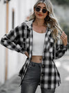 Explore More Collection - Drawstring Plaid Long Sleeve Hooded Shacket