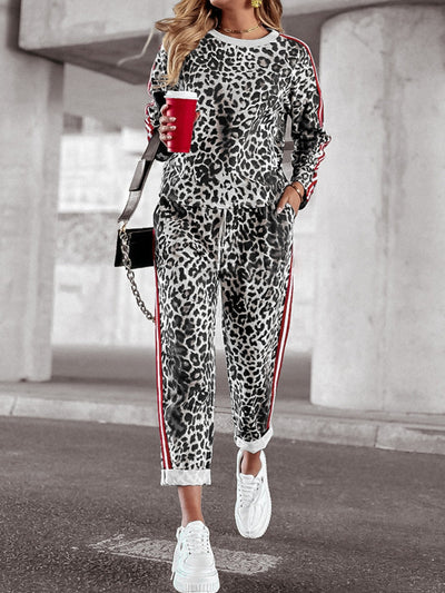 Explore More Collection - Leopard Round Neck Long Sleeve Top and Pants Set