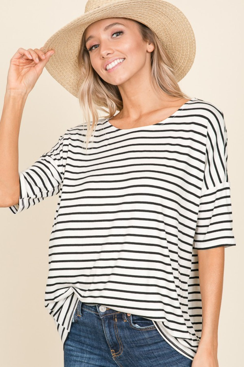 Explore More Collection - BOMBOM Striped Round Neck T-Shirt