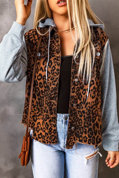 Explore More Collection - Leopard Distressed Drawstring Hooded Denim Jacket