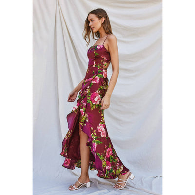 Perfect Option Open Back Ruffled Maxi Dress: MERLOT ROSE