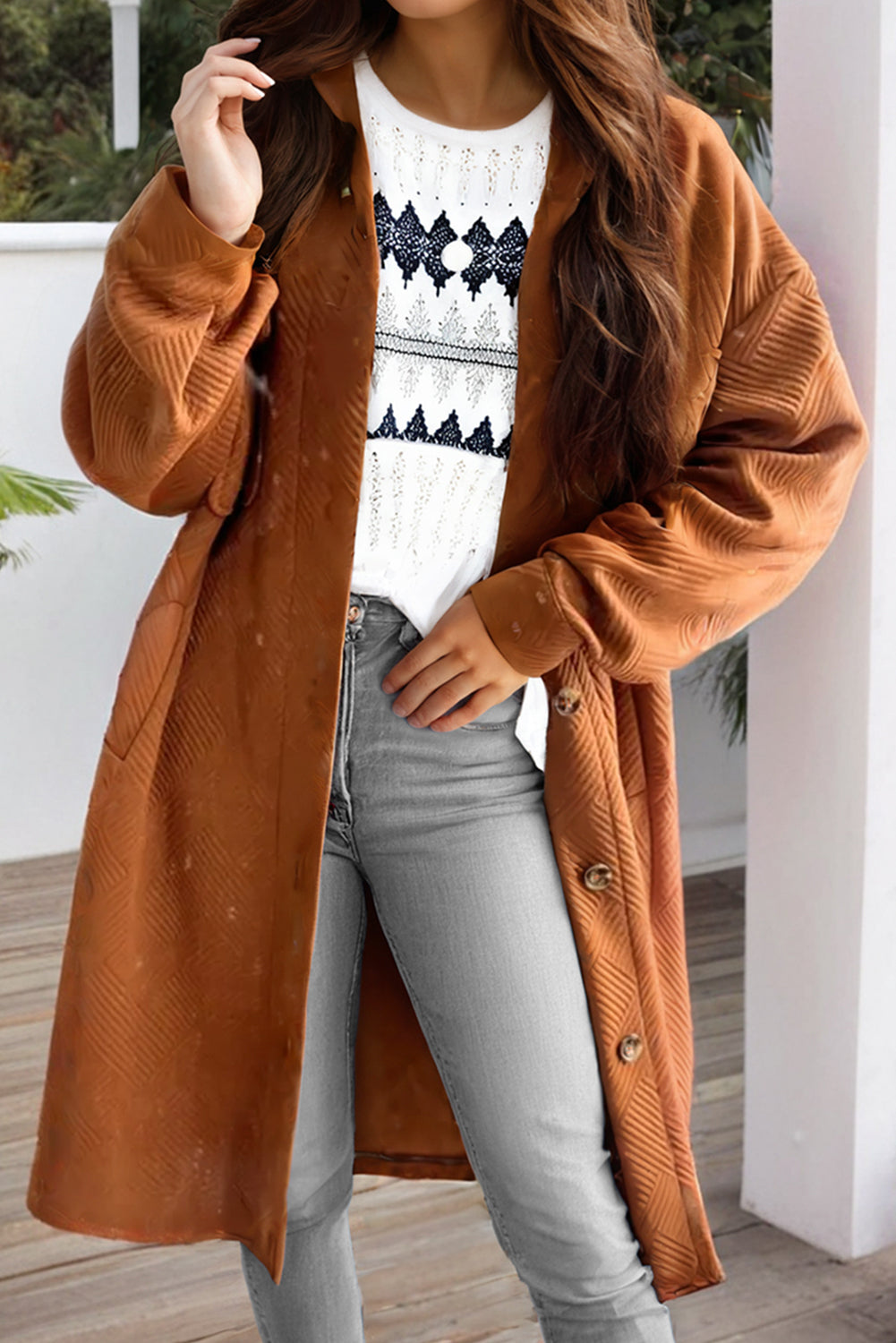 Explore More Collection - Textured Button Down Collared Neck Coat