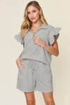 Explore More Collection - Double Take Full Size Texture Flounce Sleeve Top and Drawstring Shorts Set