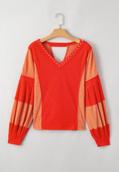 Explore More Collection - Studded Waffle-Knit V-Neck Long Sleeve Top