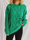 Explore More Collection - Distressed Cable-Knit Round Neck Long Sleeve Sweater