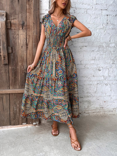 Explore More Collection - Smocked Printed Cap Sleeve Midi Dress