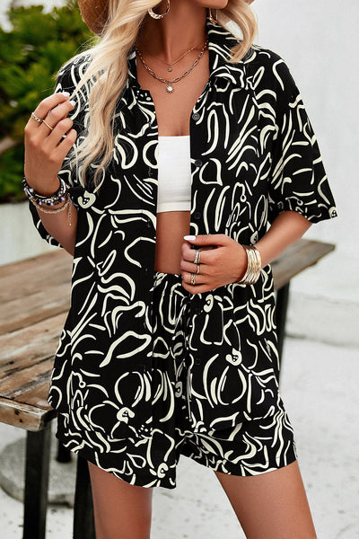 Explore More Collection - Printed Button Up Shirt and Shorts Set