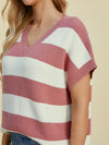 Explore More Collection - Double Take Full Size Striped V-Neck Short Sleeve Sweater