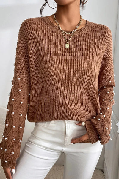 Explore More Collection - Pearl Detail Round Neck Long Sleeve Sweater