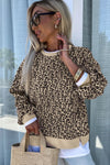 Explore More Collection - Slit Leopard Round Neck Long Sleeve Sweatshirt