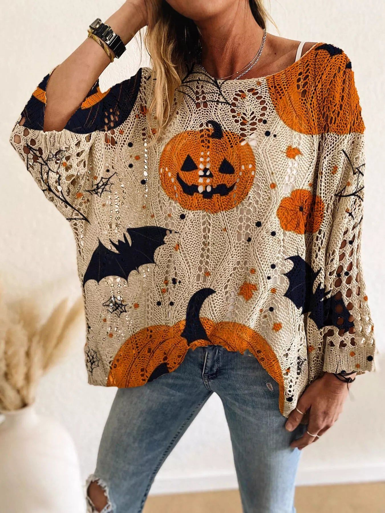 Full Size Halloween Pumpkin Loose Knit Cover Up Plus Size