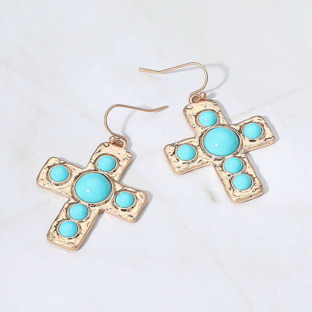 Turquoise Stone Cross Dangle Earrings
