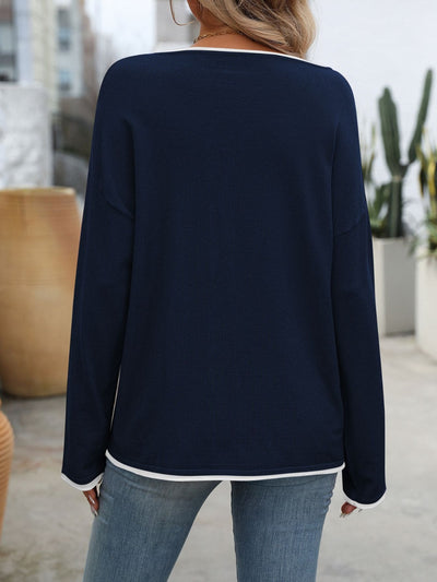 Explore More Collection - Contrast Trim Round Neck Long Sleeve Sweater