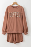 Explore More Collection - COFFEE Sequin Round Neck Long Sleeve Top and Shorts Set