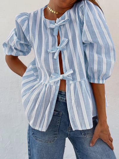 Explore More Collection - Tied Round Neck Balloon Sleeve Shirt