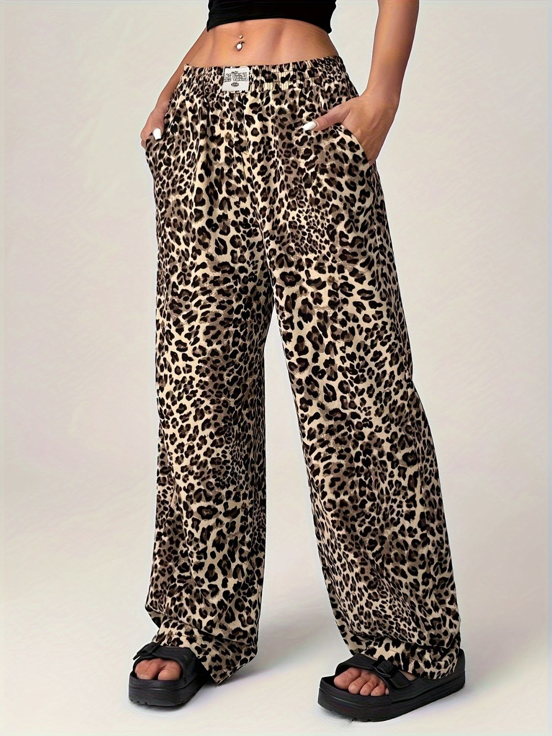 Explore More Collection - Leopard Wide Leg Pants with Pockets