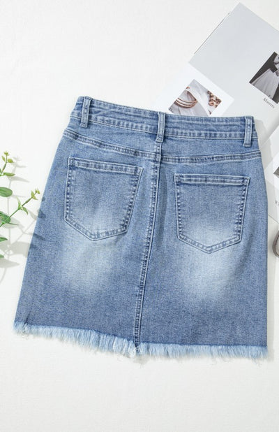 Explore More Collection - Distressed Raw Hem Heart Denim Skirt