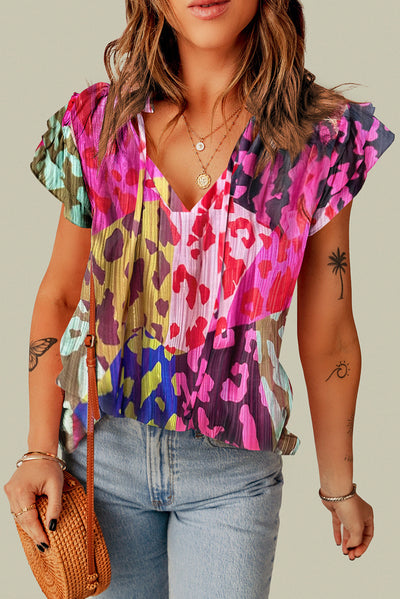 Explore More Collection - Ruffled Printed Tie Neck Cap Sleeve Blouse