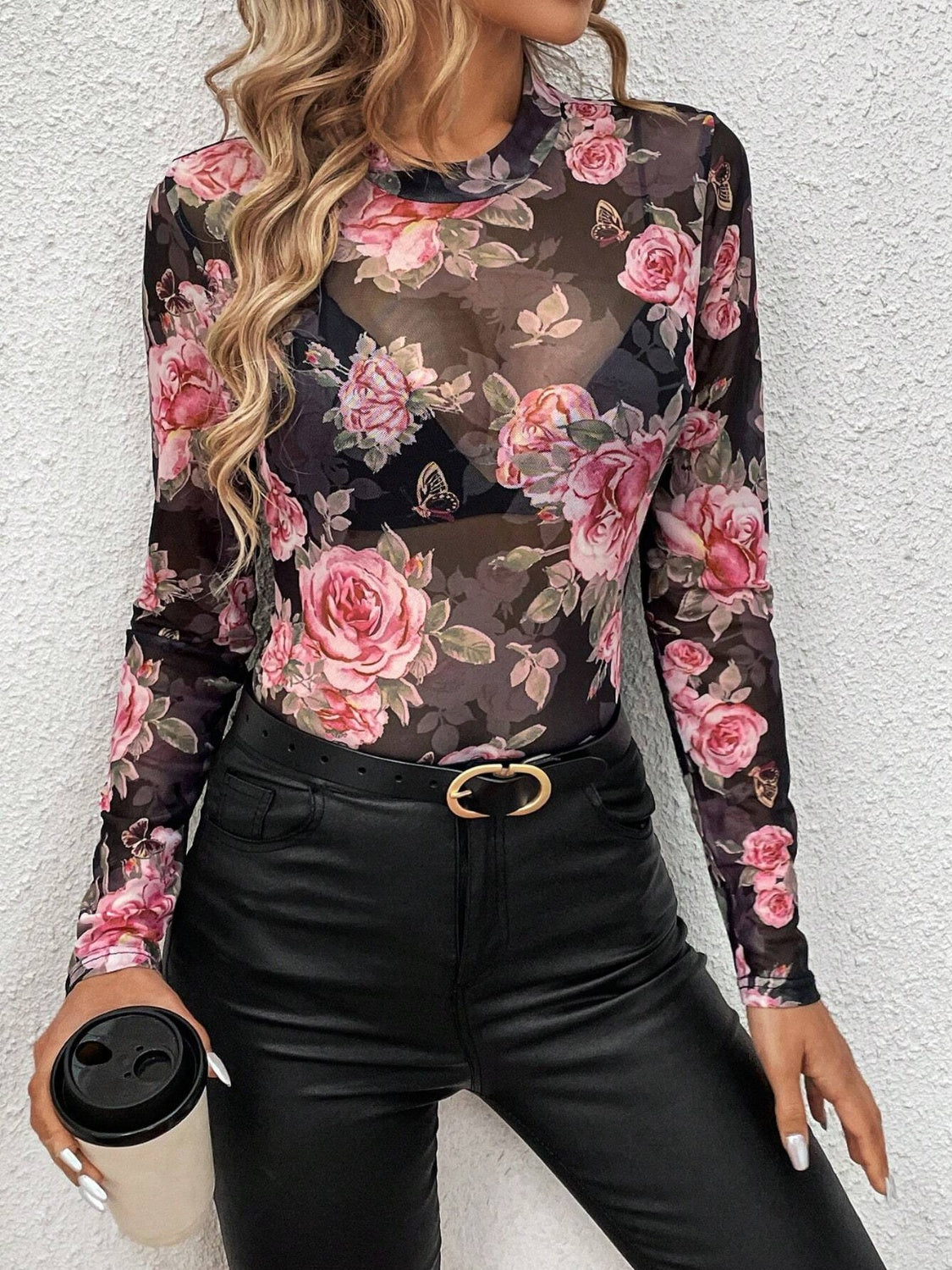 Explore More Collection - Mesh Floral Mock Neck Long Sleeve Top