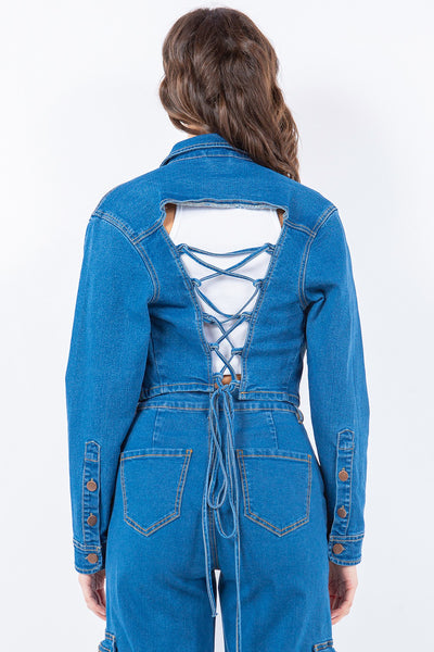 Explore More Collection - American Bazi Laced Back Cropped Denim Jacket