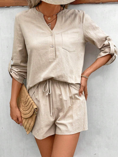 Explore More Collection - Notched Long Sleeve Top and Shorts Set