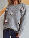 Explore More Collection - Flower Round Neck Long Sleeve Sweater