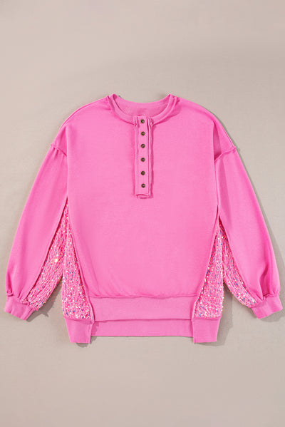 Explore More Collection - Sequin Half Button Long Sleeve Sweatshirt