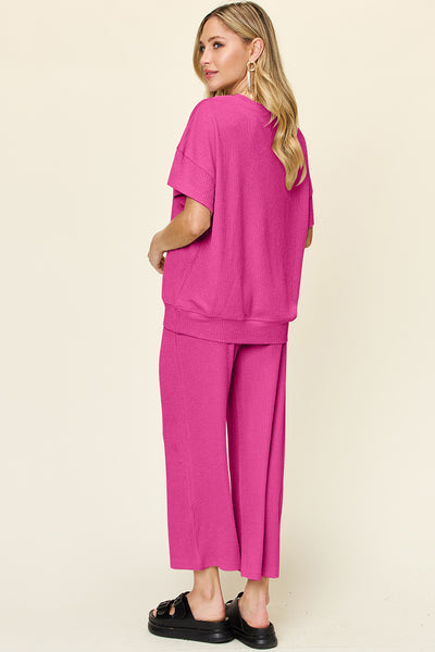 Explore More Collection - Double Take Full Size Texture Round Neck Short Sleeve T-Shirt and Wide Leg Pants