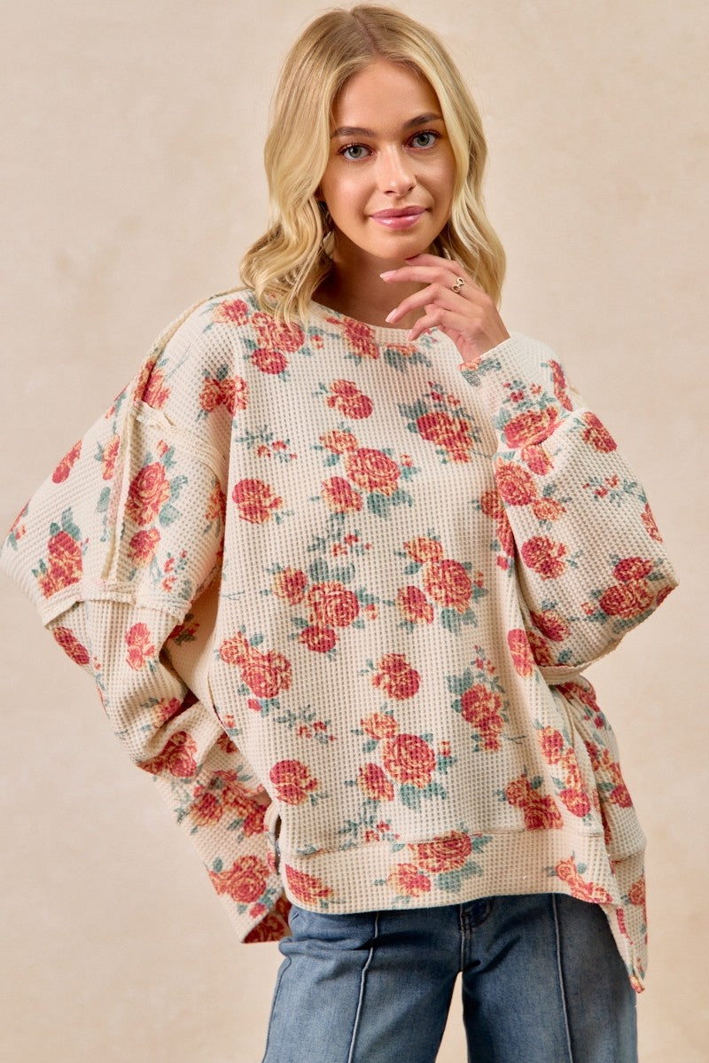 BiBi Floral Print Oversized Waffle Thermal Sweatshirt