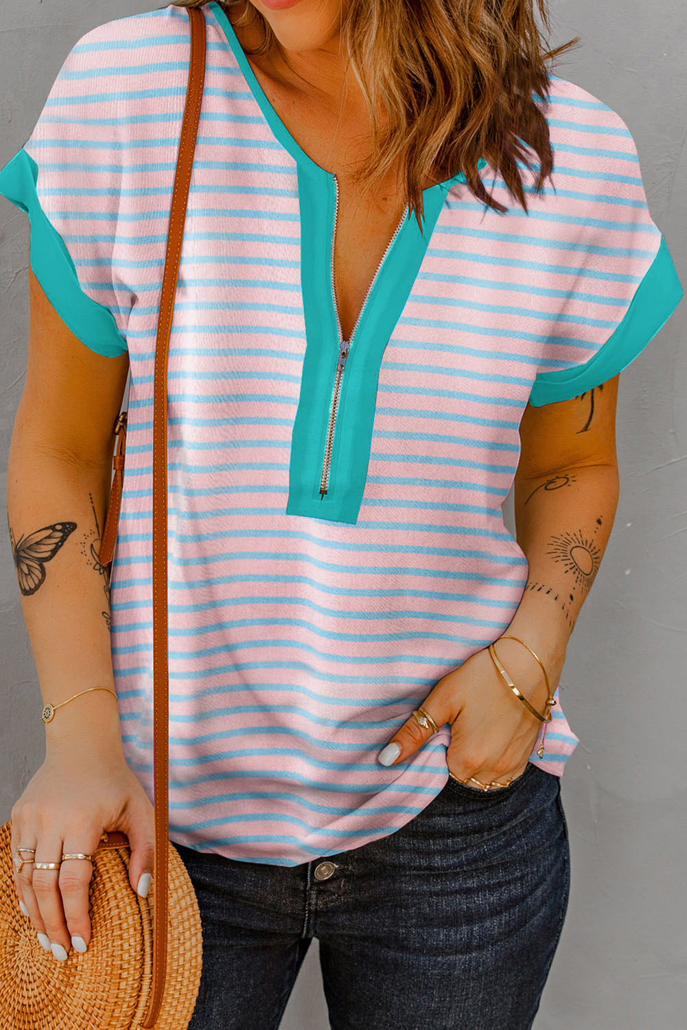 Explore More Collection - Striped Notched Short Sleeve T-Shirt