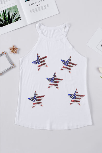 Explore More Collection - Sequin US Flag Star Grecian Neck Tank