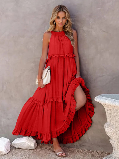 Explore More Collection - Ruffled Sleeveless Tiered Maxi Dress with Pockets