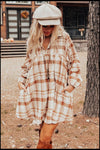 Explore More Collection - Plaid Collared Neck Long Sleeve Mini Shirt Dress