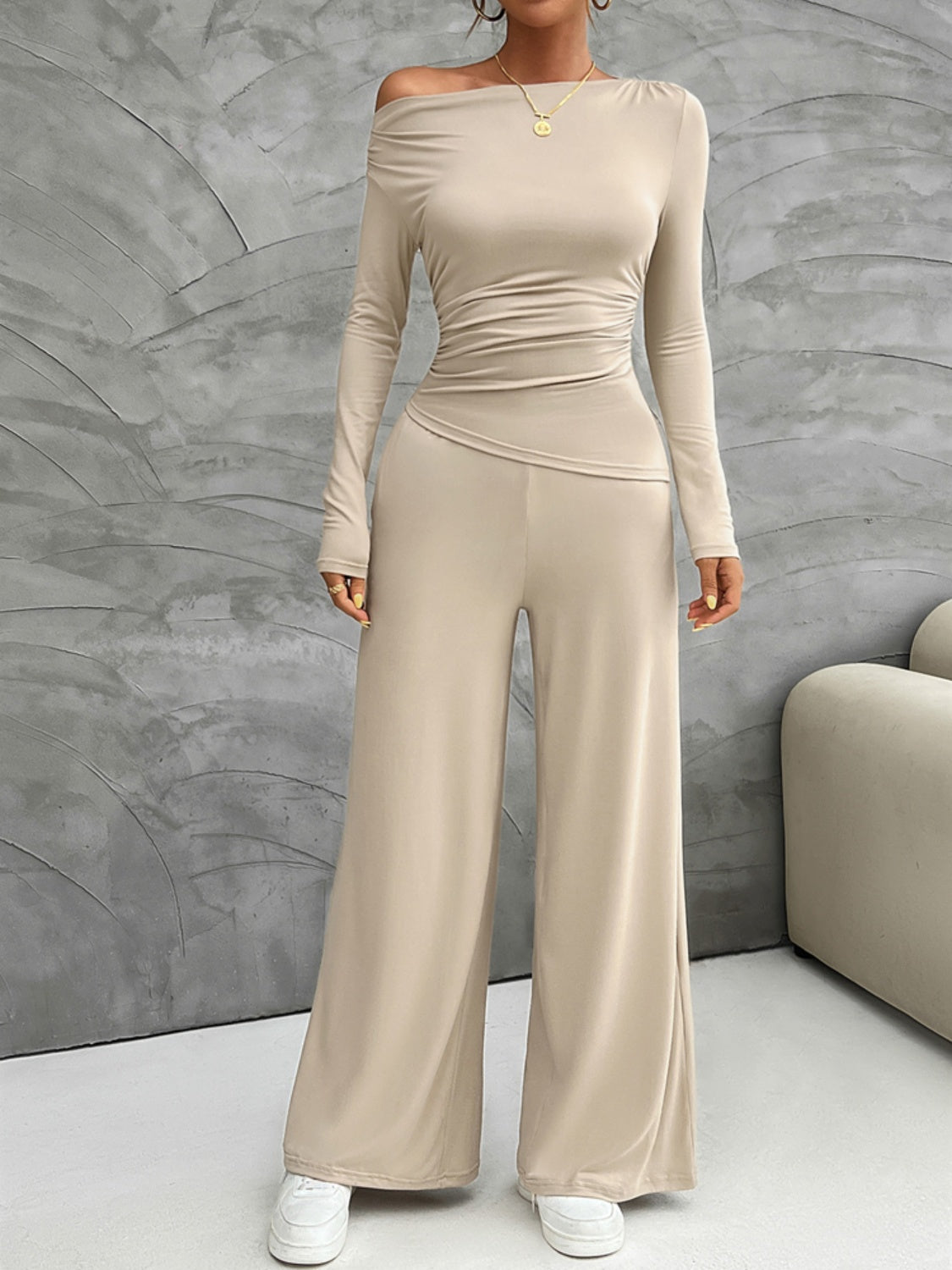 Explore More Collection - Long Sleeve Top and Wide Leg Pants Set