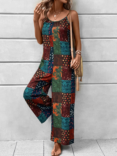 Explore More Collection - Printed Scoop Neck Spaghetti Strap Jumpsuit