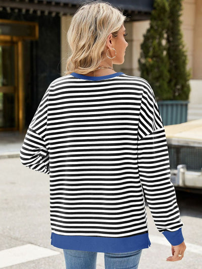 Explore More Collection - Slit Striped Round Neck Long Sleeve Sweatshirt