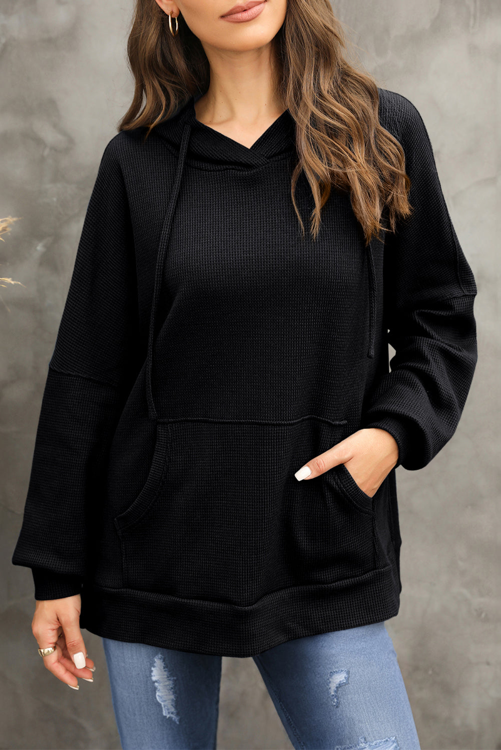 Explore More Collection - Waffle-Knit Long Sleeve Hoodie