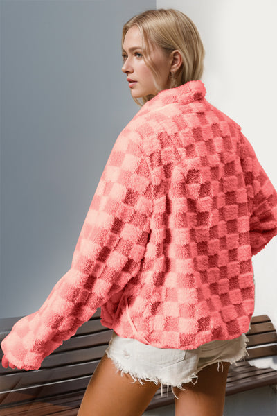 Explore More Collection - Double Take Checkered Long Sleeve Fuzzy Jacket