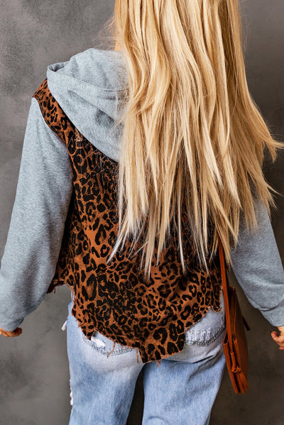 Explore More Collection - Leopard Distressed Drawstring Hooded Denim Jacket