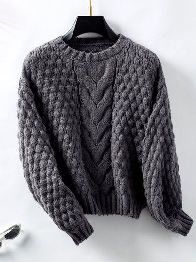 Explore More Collection - Cable-Knit Round Neck Long Sleeve Sweater